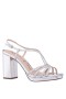 Women Nina Shoes Block Heels | Summer Silver Metallic Foil With Crystals Block-heel Slingback Sandals With Platform
