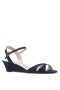 Women Nina Shoes Flats & Wedges | Flora Navy Textured Metallic Demi-wedge Sandals With Ankle-strap