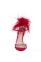 Women Nina Shoes Satin Shop | Demi Red Rouge Satin High=heel Sandals With Matching Crystals, Feathers And Ankle Strap