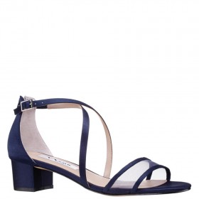 Women Nina Shoes Block Heels | Ginette New Navy Satin With Mesh Block-heel Sandals With Ankle-strap