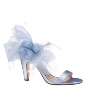 Women Nina Shoes Bridal Shoes | Sheryl Icy Blue Satin, Chiffon And Feathers Block-heel Sandals With Ankle-strap