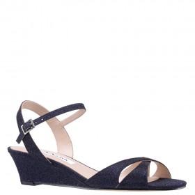 Women Nina Shoes Flats & Wedges | Flora Navy Textured Metallic Demi-wedge Sandals With Ankle-strap