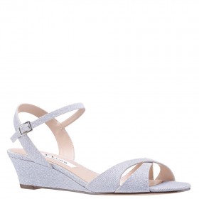 Women Nina Shoes Flats & Wedges | Flora Silver Textured Metallic Mid-heel Wedge Sandal With Ankle-strap