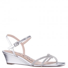 Women Nina Shoes Flats & Wedges | Valeria Silver Glaze With Clear Rhinestone Knot On A Demi-wedge With Ankle-strap