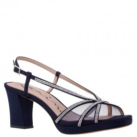 Women Nina Shoes Platforms | Bonney New Navy Satin With Rhinestones And Mesh Platform Sandals On A Block-heel
