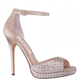 Women Nina Shoes Platforms | Francia Taupe Metallic Suedette With Rhinestones Ultra-high Platform Sandals With Ankle-strap