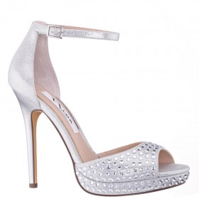 Women Nina Shoes Platforms | Francia True Silver Metallic Suedette With Rhinestones Ultra-high Platform Sandals With Ankle-strap