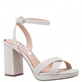 Women Nina Shoes Platforms | Shelia Silver Glitter Net Block-heel Sandals With Ankle-strap