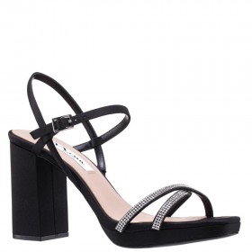 Women Nina Shoes Platforms | Steven Black Satin With Crystal X-band Block-heel Platform Sandals With Ankle-strap
