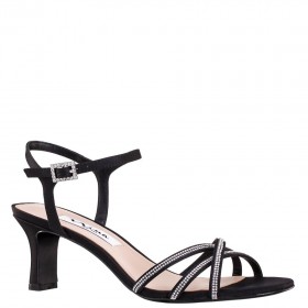 Women Nina Shoes Prom | Bobby Black Satin With Crystal Straps And Rhinestone Buckles Mid-heel Sandals