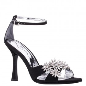 Women Nina Shoes Prom | Dawn Black Satin High-heel Sandals With Crystal Flower Embellishment