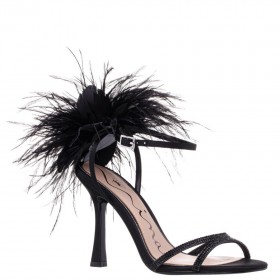 Women Nina Shoes Prom | Demi Black Satin High-heel Sandals With Black Crystals, Feathers And An Ankle-strap