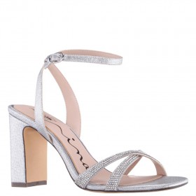 Women Nina Shoes Prom | Helga Silver Textured Metallic With Crystal X-band Vamp Block-heel Sandals