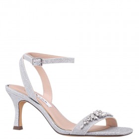 Women Nina Shoes Prom | Leidy Silver Textured Metallic Sandals With Rhinestone Embellishment And Ankle-strap