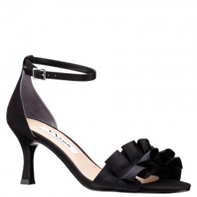 Women Nina Shoes Prom | Lisa Black Satin With Ruffle Mid Heel Sandals With Ankle-strap