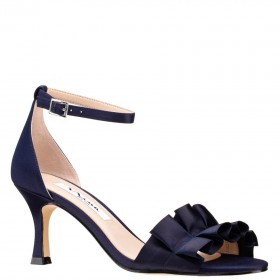 Women Nina Shoes Prom | Lisa New Navy Satin With Ruffle Mid Heel Sandals With Ankle-strap