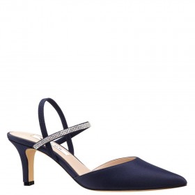 Women Nina Shoes Pumps | Billie Navy Satin Elastic Slingback Pumps With Crystal Straps