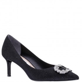 Women Nina Shoes Pumps | Neya Black Textured Metallic Mid-heel Pumps With Jeweled Buckle