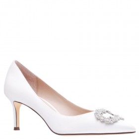 Women Nina Shoes Pumps | Neya Ivory Satin Mid-heel Pumps With Jeweled Buckle