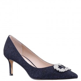 Women Nina Shoes Pumps | Neya Navy Textured Metallic Mid-heel Pumps With Jeweled Buckle