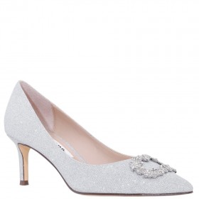 Women Nina Shoes Pumps | Neya True Silver Textured Metallic Mid-heel Pumps With Jeweled Buckle