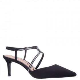 Women Nina Shoes Pumps | Nichele Black Satin With Crystal Twist Mid-heel Slingback Pumps