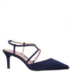 Women Nina Shoes Pumps | Nichele New Navy Satin With Crystal Twist Mid-heel Slingback Pumps