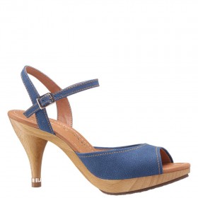 Women Nina Shoes Retro Shoes | Rock Dark Denim Instep Strap Sandal On A Wooden Bottom