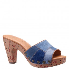 Women Nina Shoes Retro Shoes | Village Dark Blue Denim Patchwork Slide On A Printed Platform Bottom