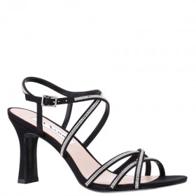 Women Nina Shoes Sandals | Anna Black Satin With Crystals Mid-heel Strappy Sandals