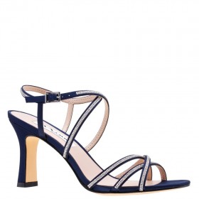 Women Nina Shoes Sandals | Anna New Navy Satin With Crystals Mid-heel Strappy Sandals