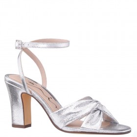 Women Nina Shoes Sandals | Ashley Silver Textured Metallic Block-heel Sandals With Twist-front And Ankle Strap