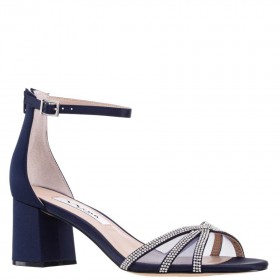Women Nina Shoes Sandals | Brooke New Navy Satin Block-heel Sandals With Ankle-straps And Crystal Bands