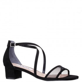 Women Nina Shoes Sandals | Ginette Black Satin With Mesh Block-heel Sandals With Ankle-strap