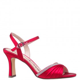 Women Nina Shoes Satin Shop | Agnes Red Satin With Crystals Mid-heel Sandals With Ankle-strap