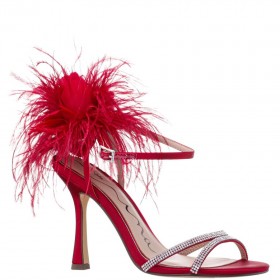Women Nina Shoes Satin Shop | Demi Red Rouge Satin High=heel Sandals With Matching Crystals, Feathers And Ankle Strap