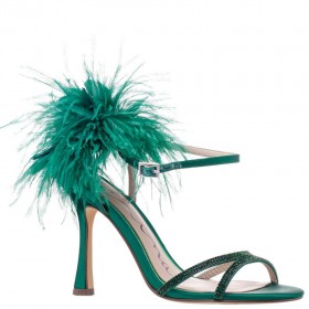 Women Nina Shoes Satin Shop | Demi Spruce Satin Hight-heel Sandals With Matching Crystals, Feathers And Ankle Strap