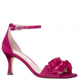Women Nina Shoes Satin Shop | Lisa Parfait Pink Satin With Ruffle Mid Heel Sandals With Ankle-strap