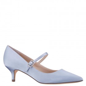Women Nina Shoes Satin Shop | Namali Icy Blue Satin With Rhinestone Buckle Kitten-heel Pumps
