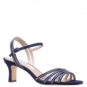 Women Nina Shoes Satin Shop | Nathyn New Navy Satin With Crystal Bands Mid-heel Sandals With Ankle-strap