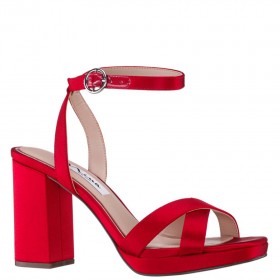 Women Nina Shoes Satin Shop | Shelia Red Satin Block-heel Platform Sandals With Ankle-strap