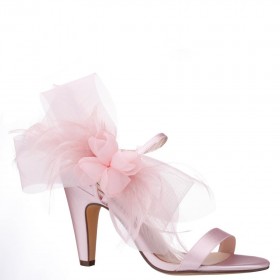 Women Nina Shoes Satin Shop | Sheryl Icy Pink Satin, Chiffon And Feathers Block-heel Sandals With Ankle-strap