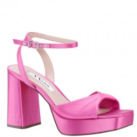 Women Nina Shoes Satin Shop | Stacie Ultra Pink Satin Block-heel Platform Sandals With Twist-front And Ankle-strap