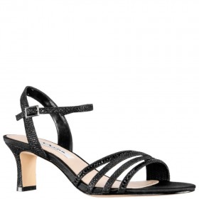 Women Nina Shoes Wide Widths | Nelena Black Textured Metallic With Matching Crystals Low-heel Sandals With Ankle-strap