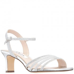 Women Nina Shoes Wide Widths | Nelena Silver Textured Metallic With Clear Crystals Low-heel Sandals With Ankle-strap
