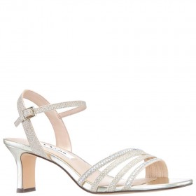 Women Nina Shoes Wide Widths | Nelena Soft Platino Textured Metallic With Clear Crystals Low-heel Sandals With Ankle-strap