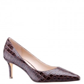 Women Nina Shoes Wide Widths | Nina60 Brown Croco Patent Leatherette Mid-heel Classic Pump