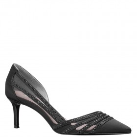 Women Nina Shoes Wide Widths | Noreen Black Satin With Crystals Mid-heel D'orsay Pumps With Pointed-toe