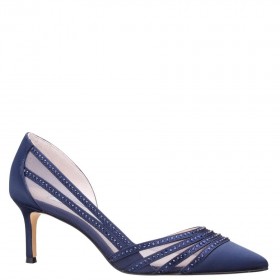 Women Nina Shoes Wide Widths | Noreen New Navy Satin With Crystals Mid-heel D'orsay Pumps With Pointed-toe
