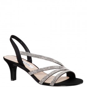 Women Nina Shoes Wide Widths | Noura Black Satin Crystal Slingback Mid-heel Evening Sandal